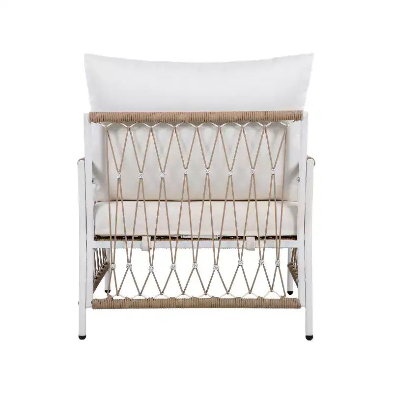 Lot de 2 chaises longues de jardin bohèmes avec cordes tressées à la main, structure en acier thermolaqué, coussins imperméables pour terrasse ou piscine