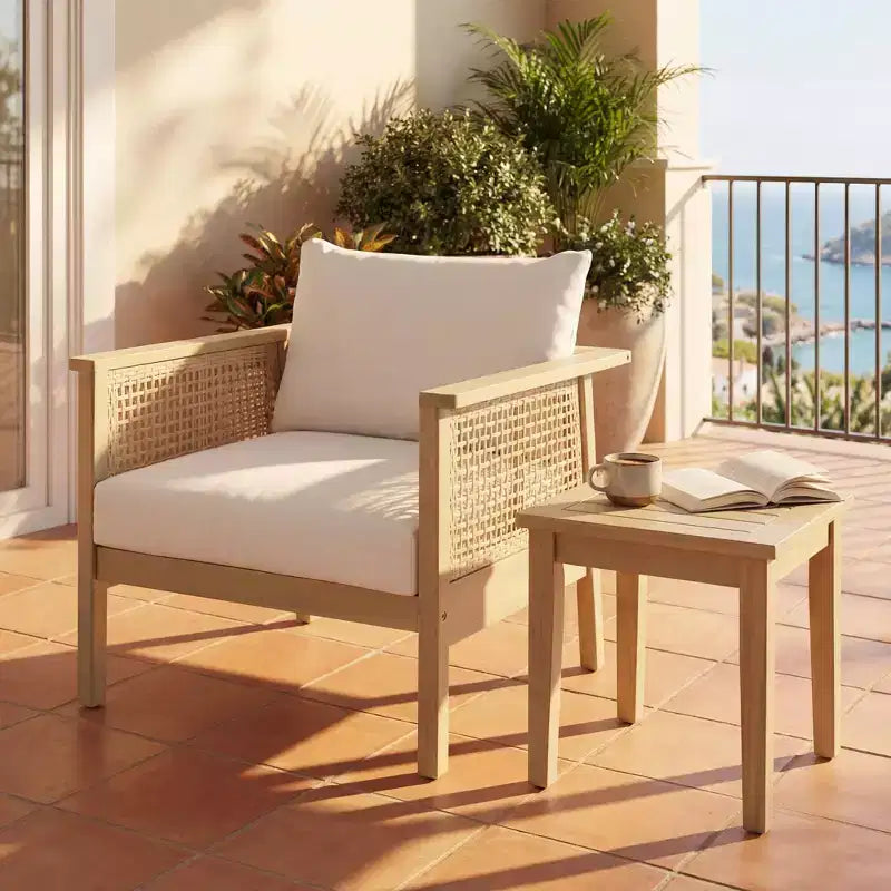 ModernLuxe Outdoor Acacia Wood Club Chair with PE Wicker Accents, Boho Modern Patio Armchair with Waterproof Cushions, Light Teak+Cream