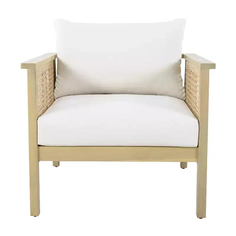 Fauteuil de jardin ModernLuxe en bois d'acacia avec accents en résine tressée, fauteuil de terrasse moderne bohème avec coussins imperméables, teck clair + crème