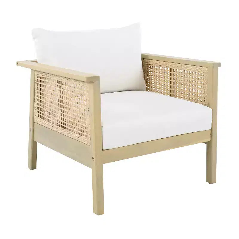 Fauteuil de jardin ModernLuxe en bois d'acacia avec accents en résine tressée, fauteuil de terrasse moderne bohème avec coussins imperméables, teck clair + crème