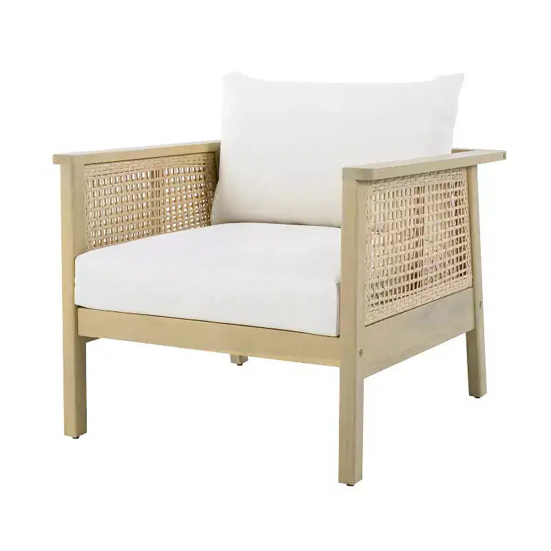 Fauteuil de jardin ModernLuxe en bois d'acacia avec accents en résine tressée, fauteuil de terrasse moderne bohème avec coussins imperméables, teck clair + crème