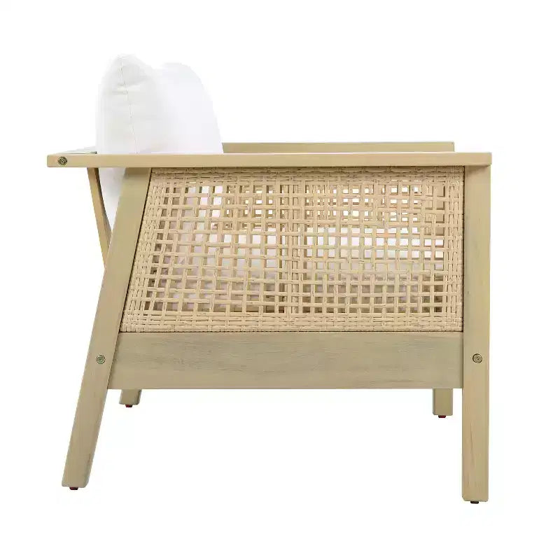 Fauteuil de jardin ModernLuxe en bois d'acacia avec accents en résine tressée, fauteuil de terrasse moderne bohème avec coussins imperméables, teck clair + crème