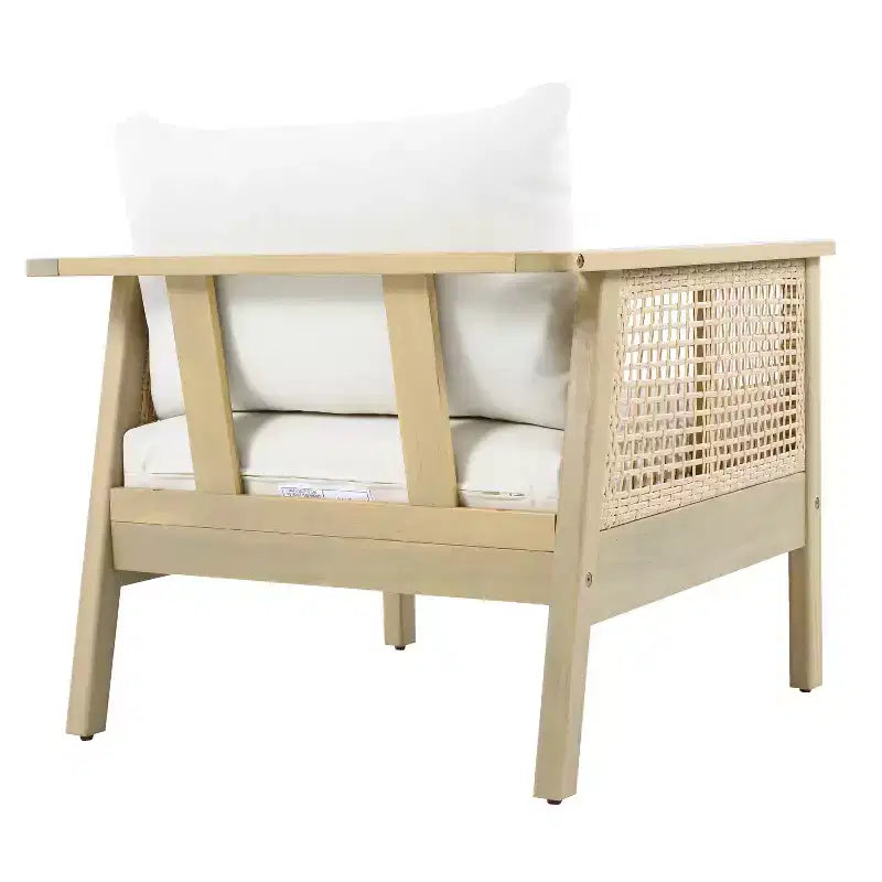 Fauteuil de jardin ModernLuxe en bois d'acacia avec accents en résine tressée, fauteuil de terrasse moderne bohème avec coussins imperméables, teck clair + crème