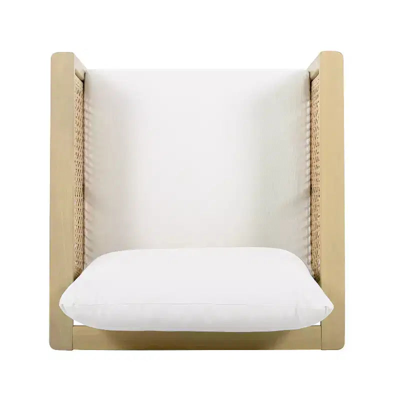 Fauteuil de jardin ModernLuxe en bois d'acacia avec accents en résine tressée, fauteuil de terrasse moderne bohème avec coussins imperméables, teck clair + crème