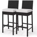 Set of 2 Outdoor Wicker Barstools with Cushions, Patio Rattan Bar Height Stools Armless for Backyard, Poolside, Balcony & Garden High Table Seating