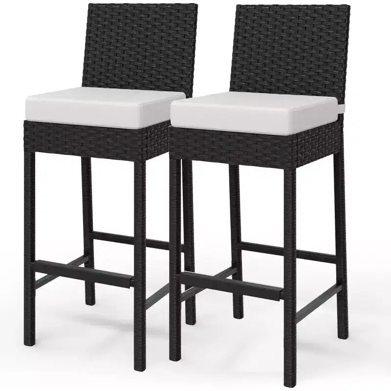Set of 2 Outdoor Wicker Barstools with Cushions, Patio Rattan Bar Height Stools Armless for Backyard, Poolside, Balcony & Garden High Table Seating