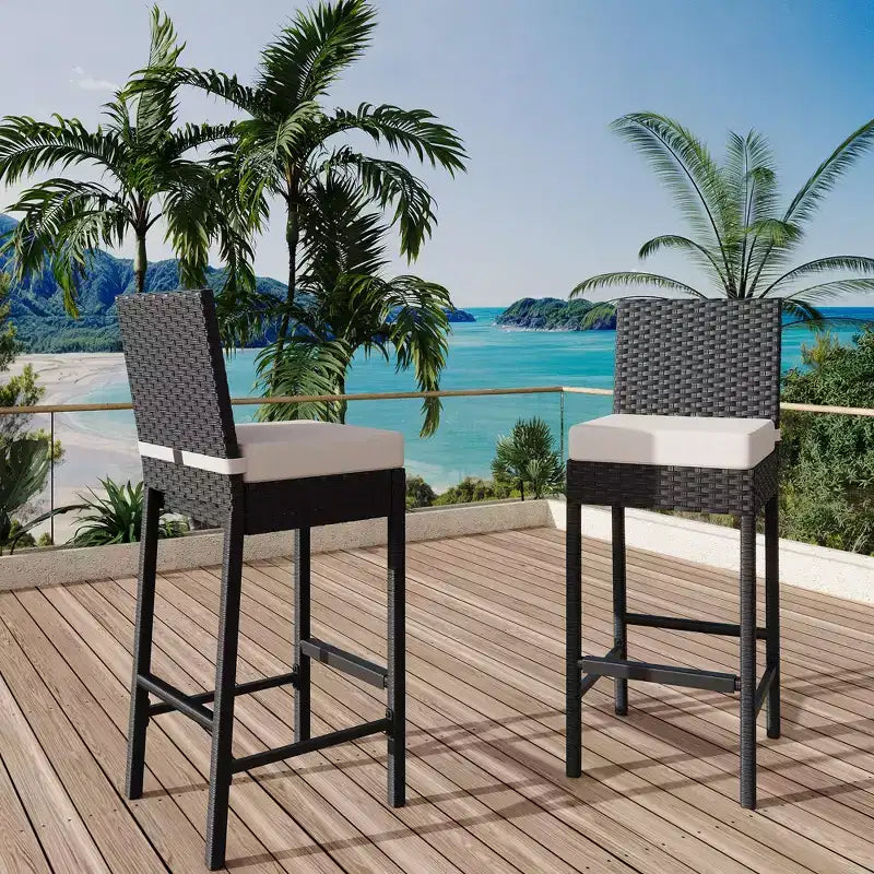 Lot de 2 tabourets de bar d'extérieur en osier avec coussins, tabourets hauts en rotin sans accoudoirs pour patio, piscine, balcon et jardin