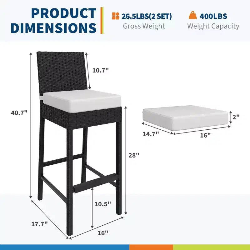 Lot de 2 tabourets de bar d'extérieur en osier avec coussins, tabourets hauts en rotin sans accoudoirs pour patio, piscine, balcon et jardin