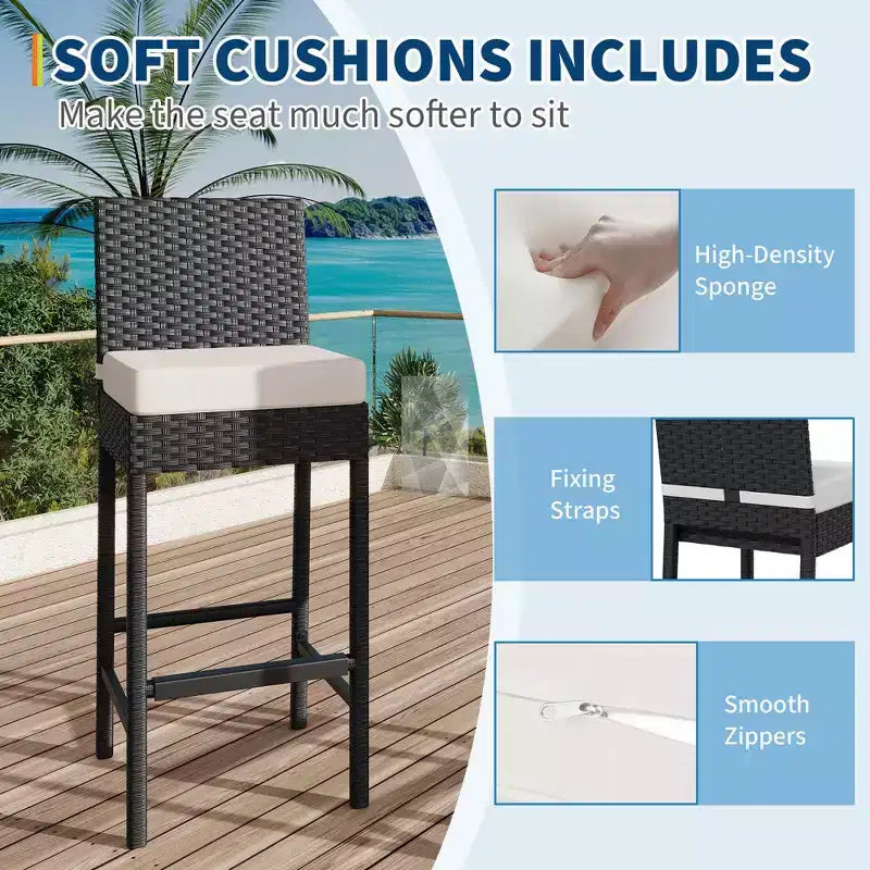 Lot de 2 tabourets de bar d'extérieur en osier avec coussins, tabourets hauts en rotin sans accoudoirs pour patio, piscine, balcon et jardin