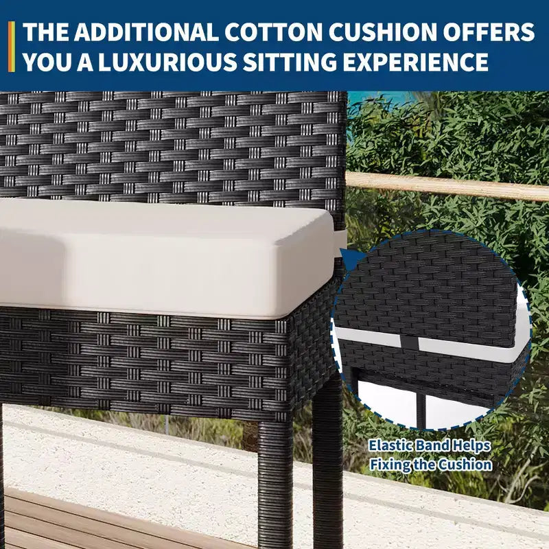 Lot de 2 tabourets de bar d'extérieur en osier avec coussins, tabourets hauts en rotin sans accoudoirs pour patio, piscine, balcon et jardin
