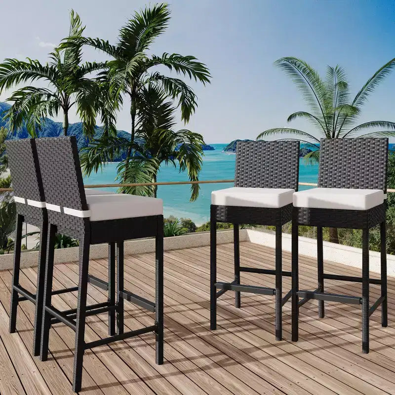 Lot de 2 tabourets de bar d'extérieur en osier avec coussins, tabourets hauts en rotin sans accoudoirs pour patio, piscine, balcon et jardin