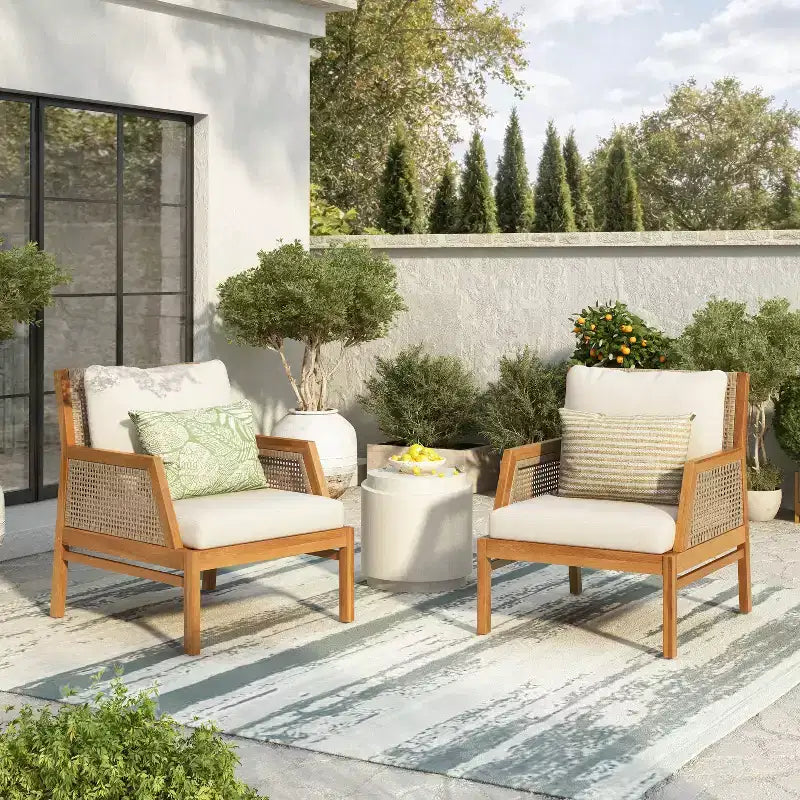 Christopher Knight Home Yaa Farmhouse Acacia Wood Patio Club Chair with Cushion and Wicker Design