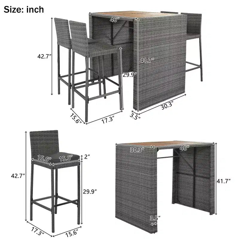 Ensemble de salle à manger/bar d'extérieur 5 pièces avec table en bois d'acacia et tabourets de bar en osier, mobilier résistant aux intempéries pour jardin-Panipeachy