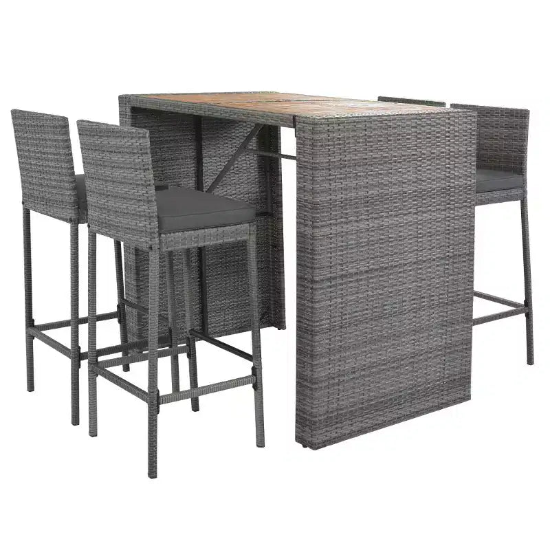 Ensemble de salle à manger/bar d'extérieur 5 pièces avec table en bois d'acacia et tabourets de bar en osier, mobilier résistant aux intempéries pour jardin-Panipeachy