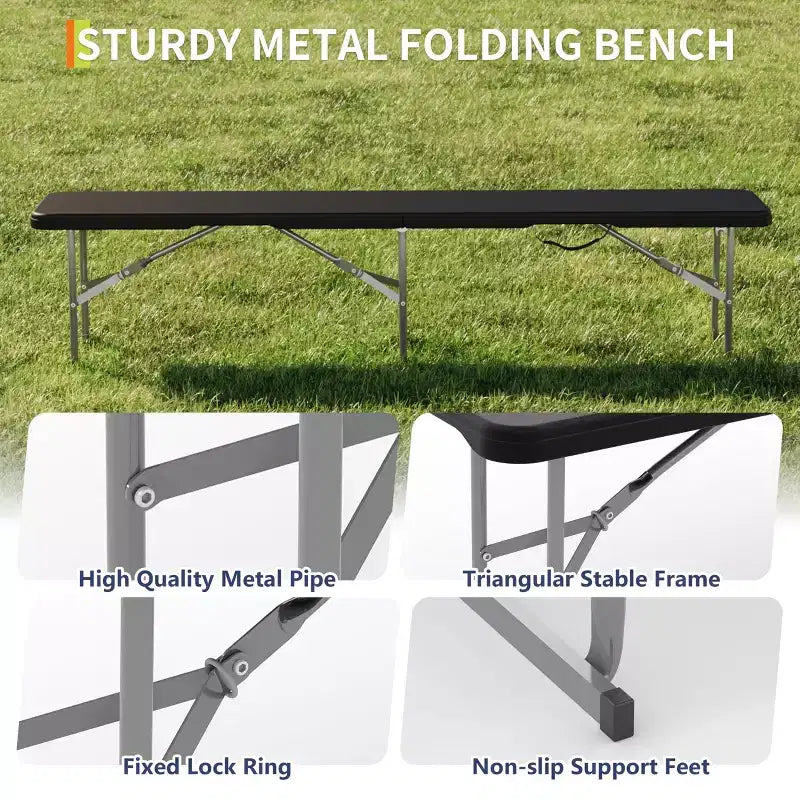 Lot de 2 bancs pliants portables, banc pliant en plastique HDPE robuste avec poignée de transport pour pique-nique en plein air, camping et événements festifs