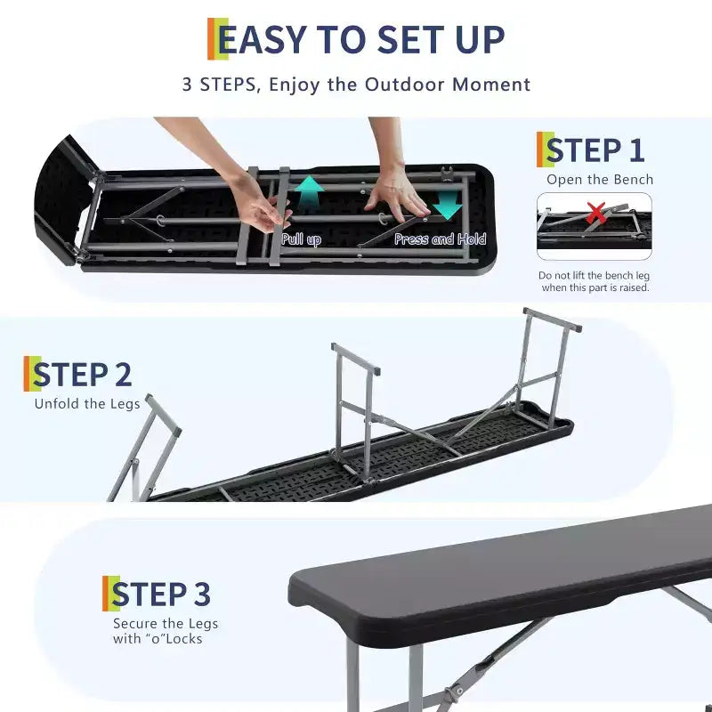 Lot de 2 bancs pliants portables, banc pliant en plastique HDPE robuste avec poignée de transport pour pique-nique en plein air, camping et événements festifs