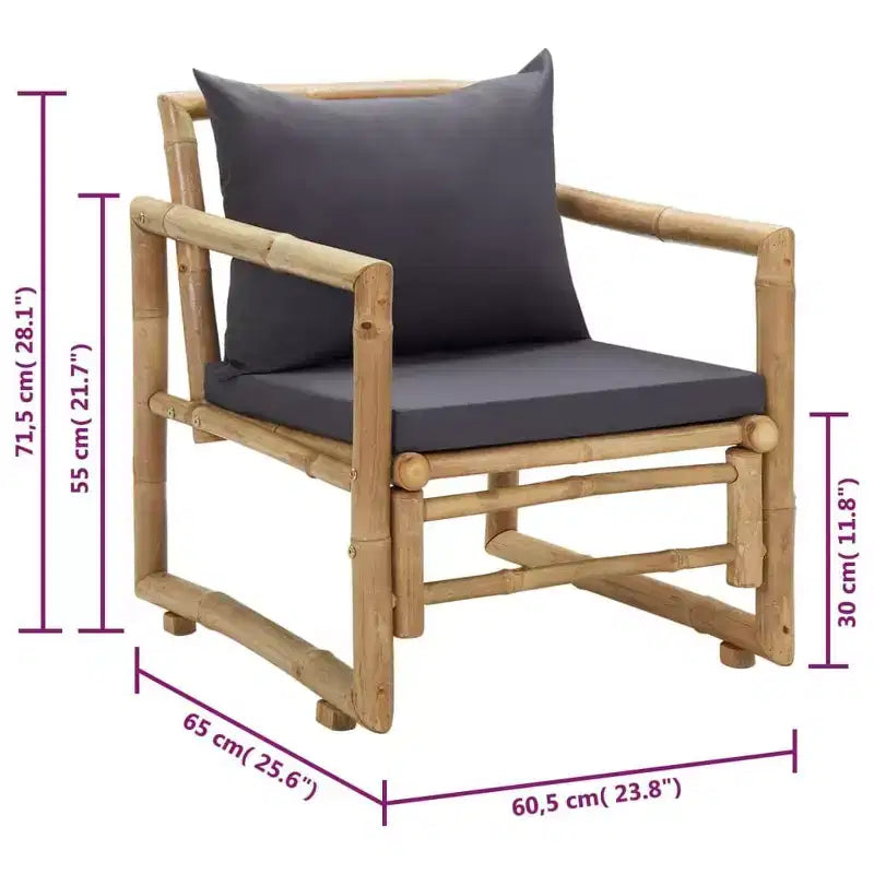 vidaXL Lot de 2 chaises de jardin gris foncé, bambou naturel, polyester