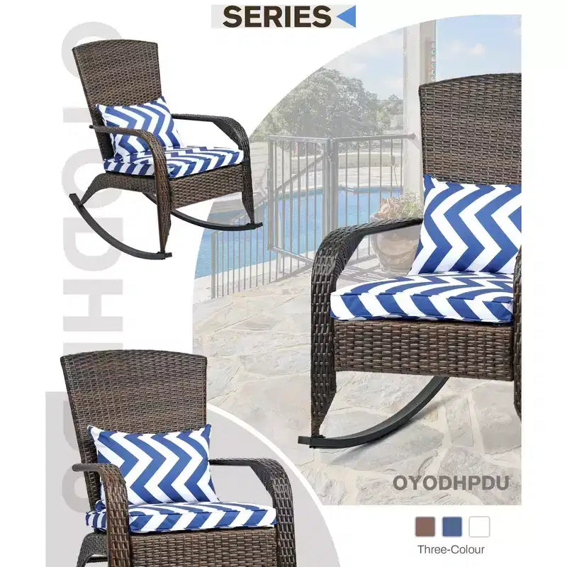 Lot de 2 fauteuils à bascule d'extérieur Hues en osier avec coussins d'assise et de dossier, cadre en acier poudré, pour porche/terrasse
