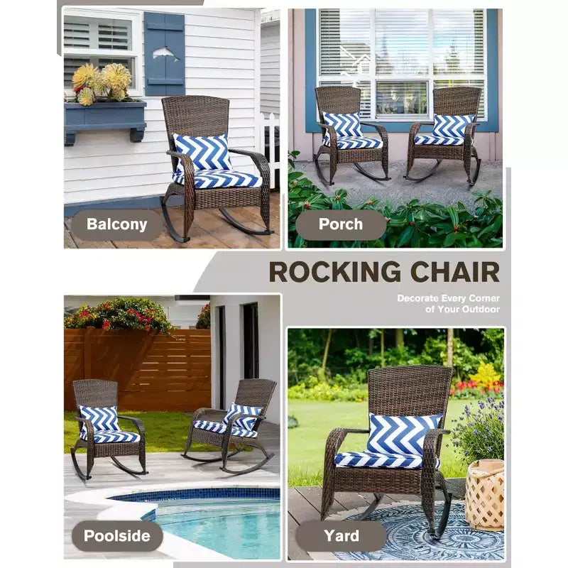 Lot de 2 fauteuils à bascule d'extérieur Hues en osier avec coussins d'assise et de dossier, cadre en acier poudré, pour porche/terrasse