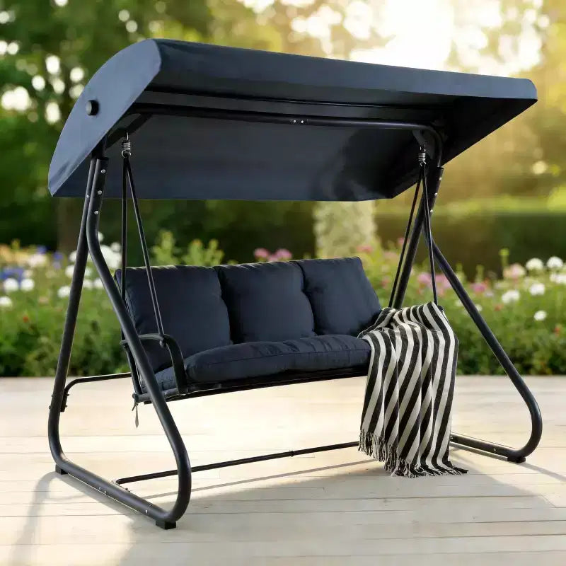 Balançoire d'extérieur 3 places robuste avec auvent réglable, lit convertible, coussins amovibles et capacité de 340 kg, résistante aux intempéries pour terrasse, jardin