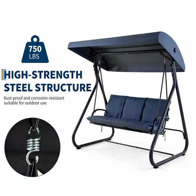 Balançoire d'extérieur 3 places robuste avec auvent réglable, lit convertible, coussins amovibles et capacité de 340 kg, résistante aux intempéries pour terrasse, jardin