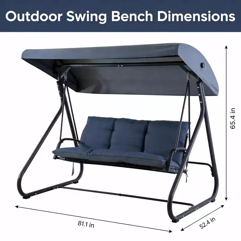 Balançoire d'extérieur 3 places robuste avec auvent réglable, lit convertible, coussins amovibles et capacité de 340 kg, résistante aux intempéries pour terrasse, jardin
