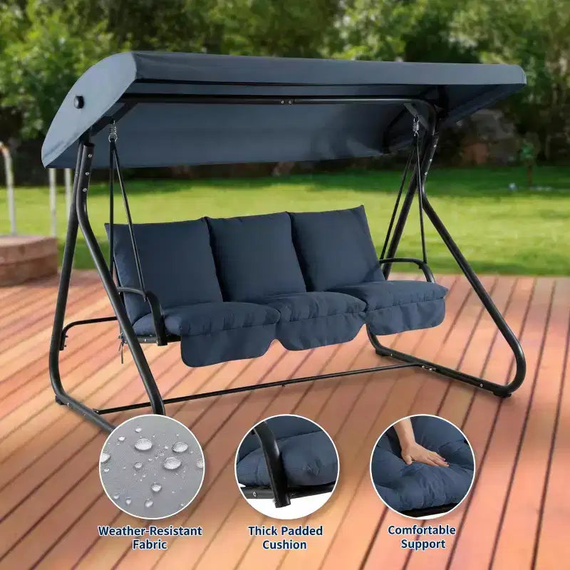 Balançoire d'extérieur 3 places robuste avec auvent réglable, lit convertible, coussins amovibles et capacité de 340 kg, résistante aux intempéries pour terrasse, jardin