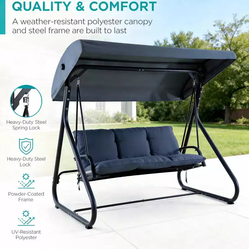 Balançoire d'extérieur 3 places robuste avec auvent réglable, lit convertible, coussins amovibles et capacité de 340 kg, résistante aux intempéries pour terrasse, jardin