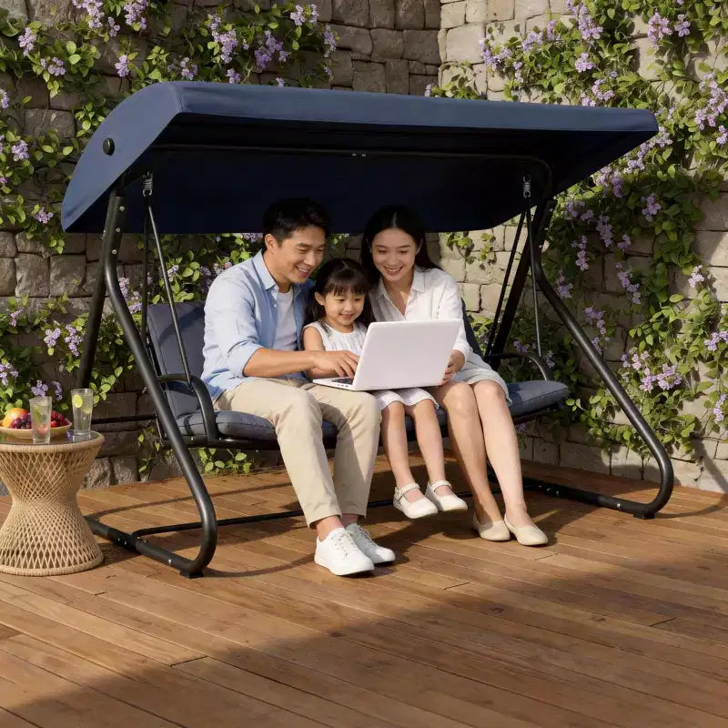 Balançoire d'extérieur 3 places robuste avec auvent réglable, lit convertible, coussins amovibles et capacité de 340 kg, résistante aux intempéries pour terrasse, jardin
