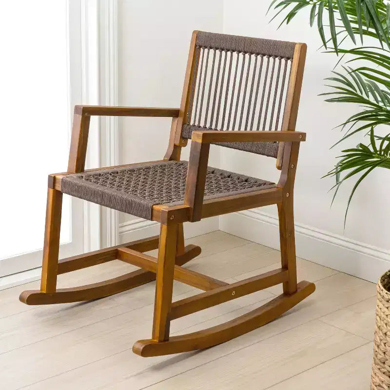 JONATHAN Y Laguna Coastal Casual 352-LBS Support Chaise à bascule d'extérieur en bois d'acacia et corde tressée