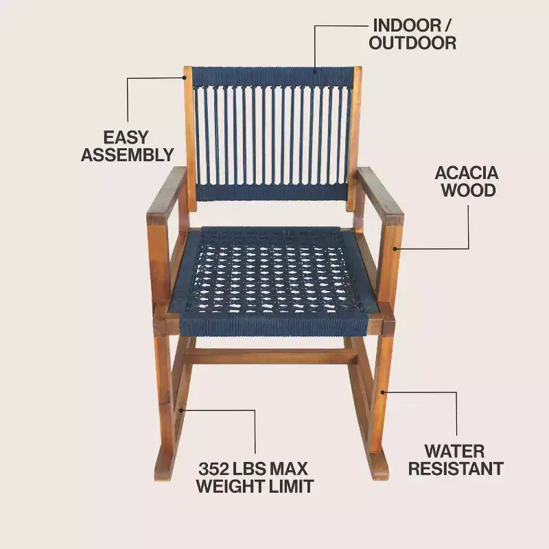 JONATHAN Y Laguna Coastal Casual 352-LBS Support Chaise à bascule d'extérieur en bois d'acacia et corde tressée