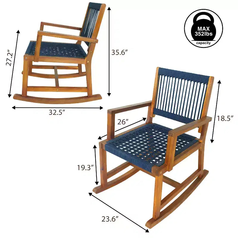 JONATHAN Y Laguna Coastal Casual 352-LBS Support Chaise à bascule d'extérieur en bois d'acacia et corde tressée