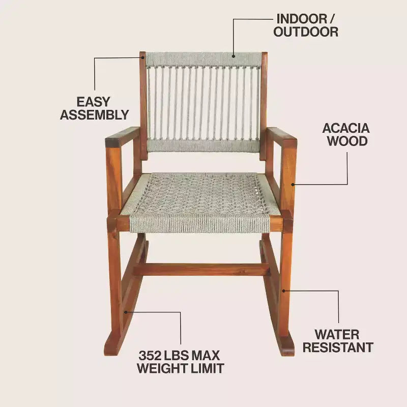 JONATHAN Y Laguna Coastal Casual 352-LBS Support Chaise à bascule d'extérieur en bois d'acacia et corde tressée