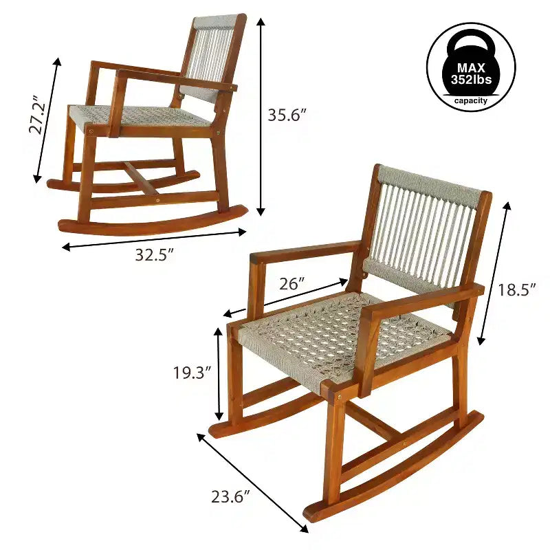 JONATHAN Y Laguna Coastal Casual 352-LBS Support Chaise à bascule d'extérieur en bois d'acacia et corde tressée
