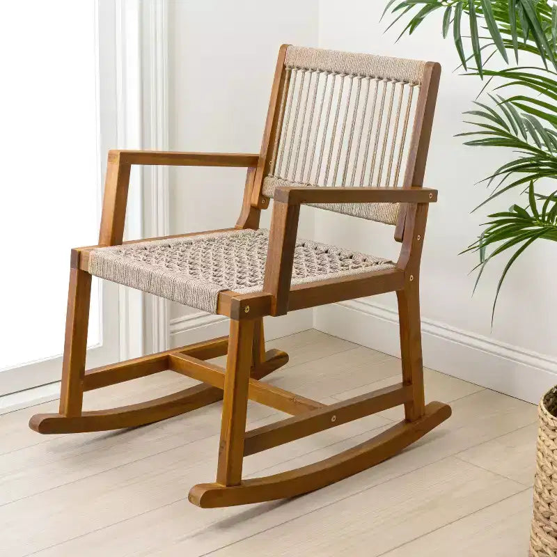 JONATHAN Y Laguna Coastal Casual 352-LBS Support Chaise à bascule d'extérieur en bois d'acacia et corde tressée