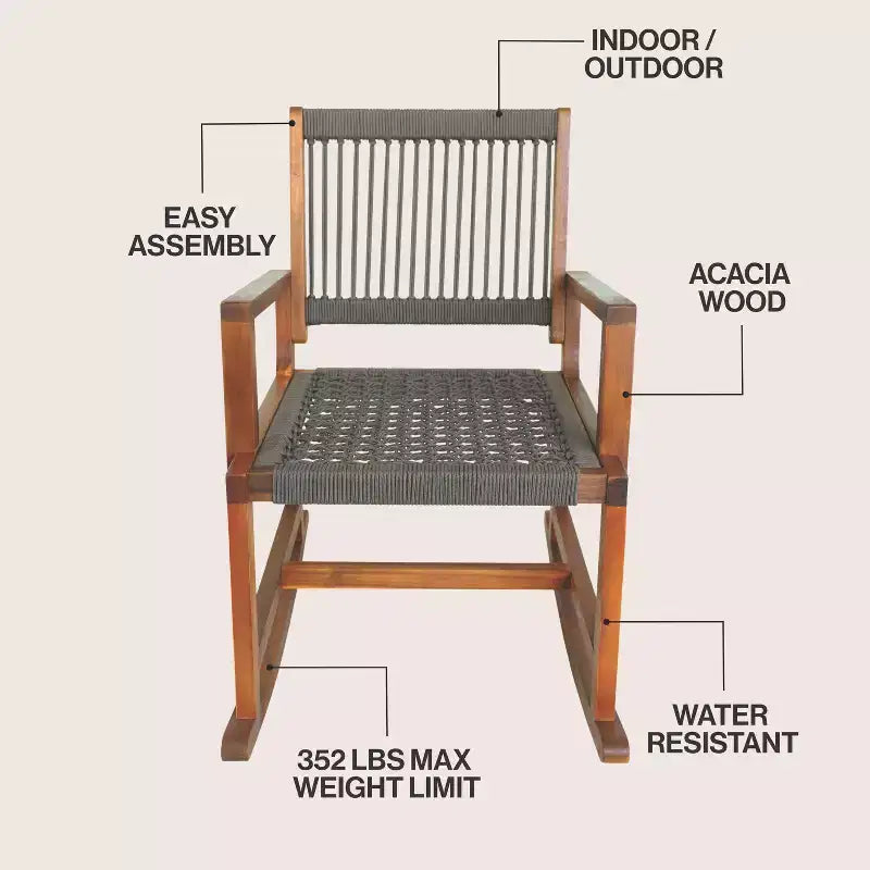 JONATHAN Y Laguna Coastal Casual 352-LBS Support Chaise à bascule d'extérieur en bois d'acacia et corde tressée