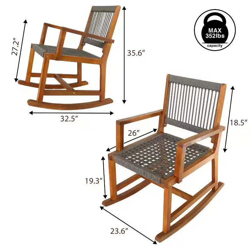 JONATHAN Y Laguna Coastal Casual 352-LBS Support Chaise à bascule d'extérieur en bois d'acacia et corde tressée
