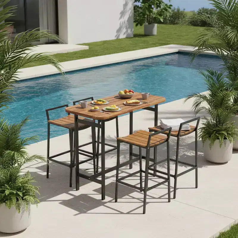 Gymax Ensemble de 5 pièces pour bar extérieur avec surfaces en bois d'acacia et cadre en métal robuste, table et chaises hauteur bar pour terrasse, balcon, piscine