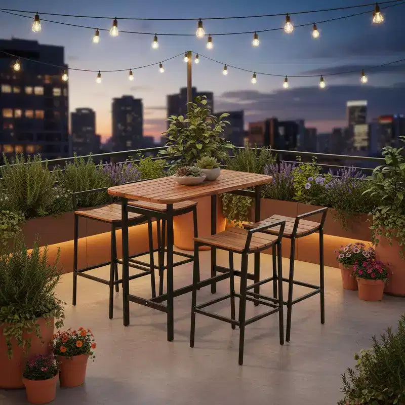Gymax Ensemble de 5 pièces pour bar extérieur avec surfaces en bois d'acacia et cadre en métal robuste, table et chaises hauteur bar pour terrasse, balcon, piscine