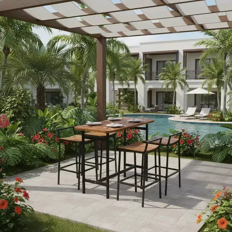 Gymax Ensemble de 5 pièces pour bar extérieur avec surfaces en bois d'acacia et cadre en métal robuste, table et chaises hauteur bar pour terrasse, balcon, piscine
