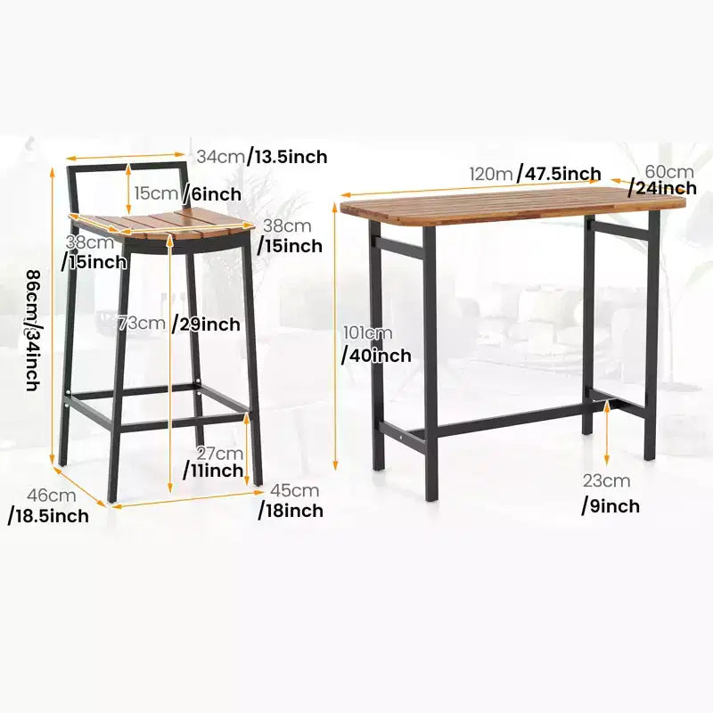 Gymax Ensemble de 5 pièces pour bar extérieur avec surfaces en bois d'acacia et cadre en métal robuste, table et chaises hauteur bar pour terrasse, balcon, piscine
