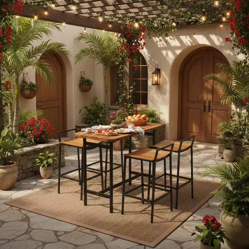 Gymax Ensemble de 5 pièces pour bar extérieur avec surfaces en bois d'acacia et cadre en métal robuste, table et chaises hauteur bar pour terrasse, balcon, piscine