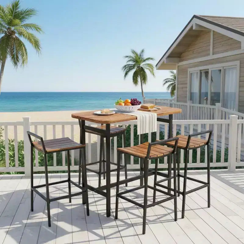 Gymax Ensemble de 5 pièces pour bar extérieur avec surfaces en bois d'acacia et cadre en métal robuste, table et chaises hauteur bar pour terrasse, balcon, piscine