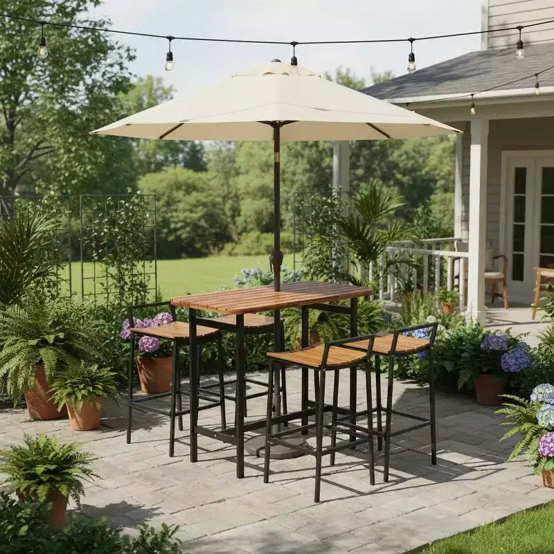 Gymax Ensemble de 5 pièces pour bar extérieur avec surfaces en bois d'acacia et cadre en métal robuste, table et chaises hauteur bar pour terrasse, balcon, piscine