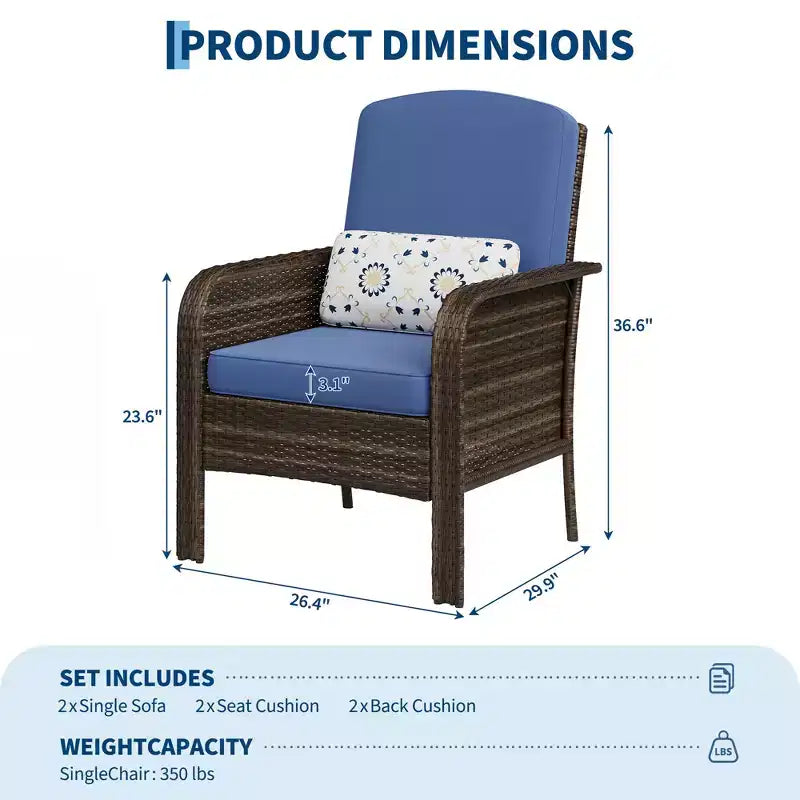 Acekool Lot de 2 chaises longues en rotin, fauteuils de jardin à dossier haut avec coussins épais, pour véranda, terrasse, jardin