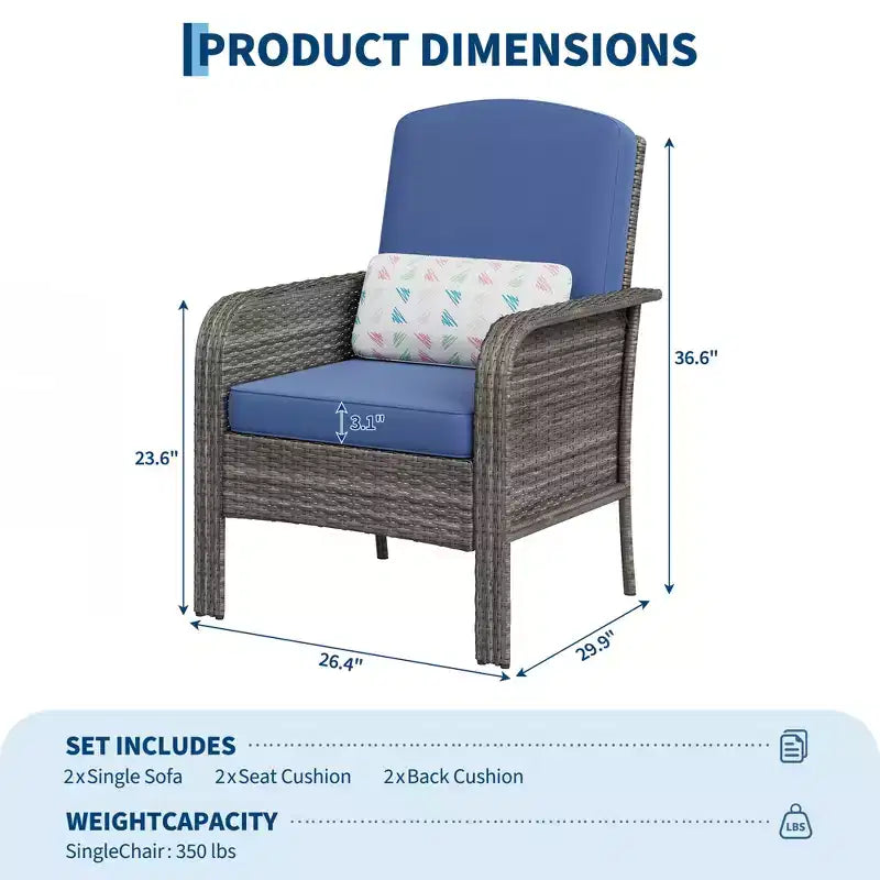 Acekool Lot de 2 chaises longues en rotin, fauteuils de jardin à dossier haut avec coussins épais, pour véranda, terrasse, jardin