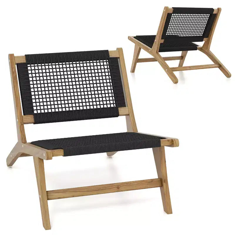 Costway 2PCS Mid Century Modern Teak Wooden w/Handwoven Cordage Seat Backrest for Patio