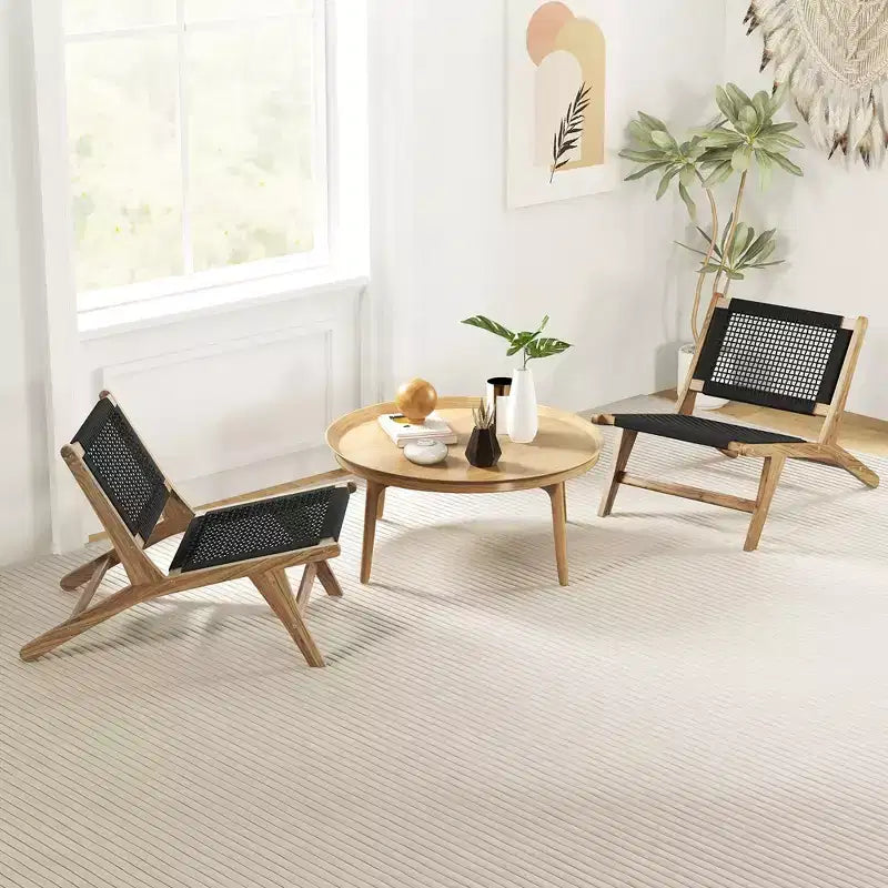 Costway Lot de 2 Chaises de Patio en Teck Moderne du Milieu du Siècle avec Dossier en Corde Tressée à la Main