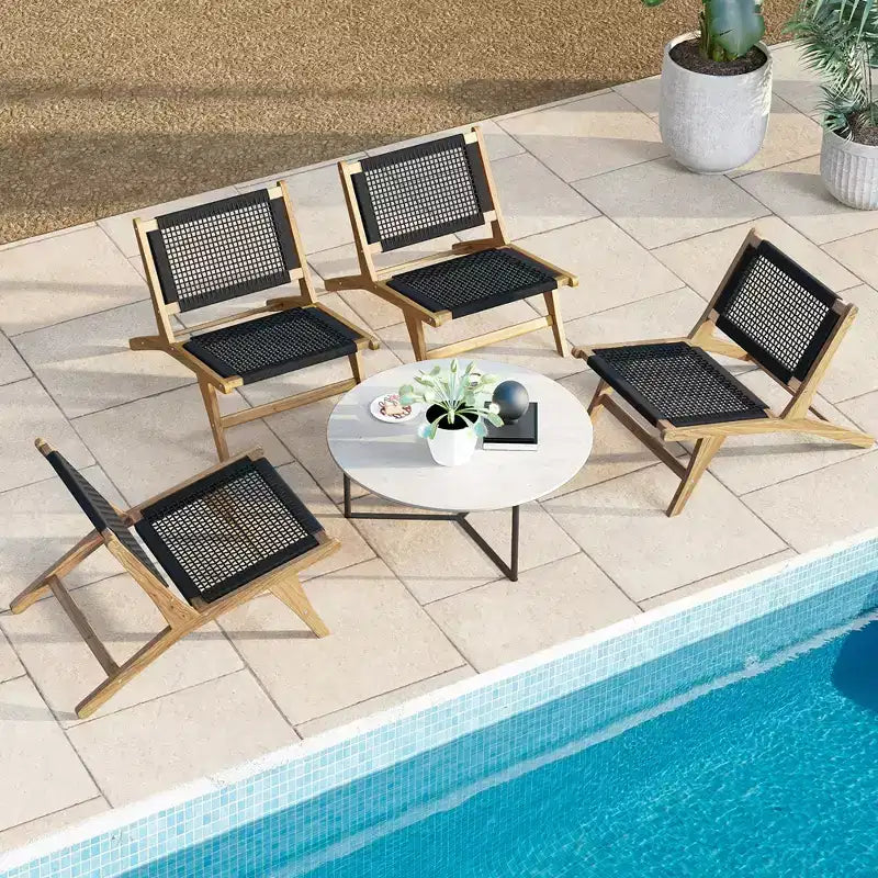 Costway Lot de 2 Chaises de Patio en Teck Moderne du Milieu du Siècle avec Dossier en Corde Tressée à la Main