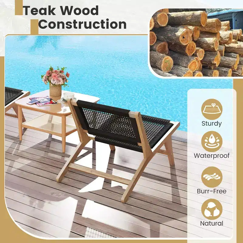 Costway Lot de 2 Chaises de Patio en Teck Moderne du Milieu du Siècle avec Dossier en Corde Tressée à la Main